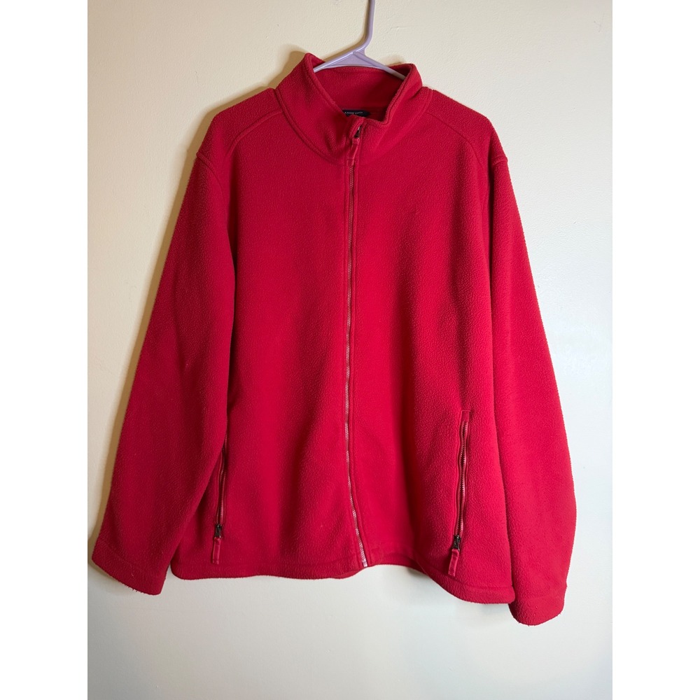 Lands End Mens XL Red ThermaCheck Full Zip Fleece Jacket Mock Neck Pocketed